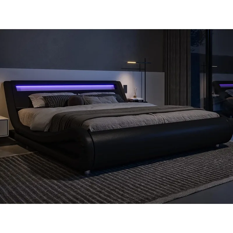Allewie King Size LED Platform Bed Frame with Adjustable Headboard, Black | Low Profile Sleigh Design, Upholstered Faux image 2
