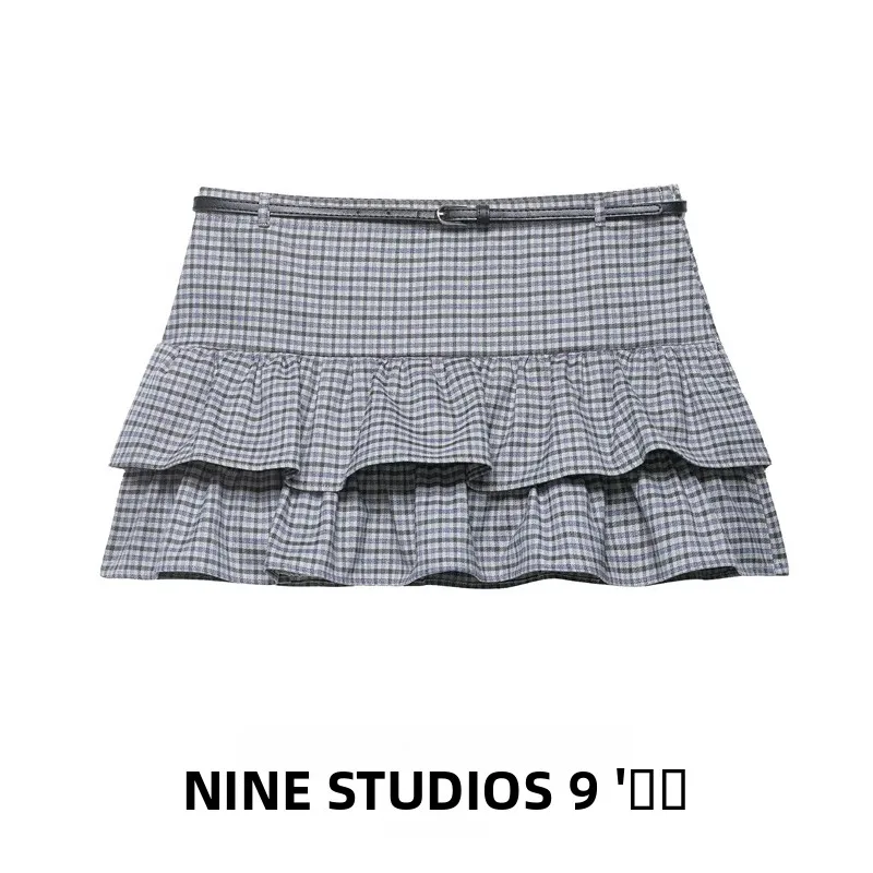 

Декоративные клетчатые юбки-брюки ультракороткие с поясом, многослойный дизайн, женская мода, осень-зима, полиэстер