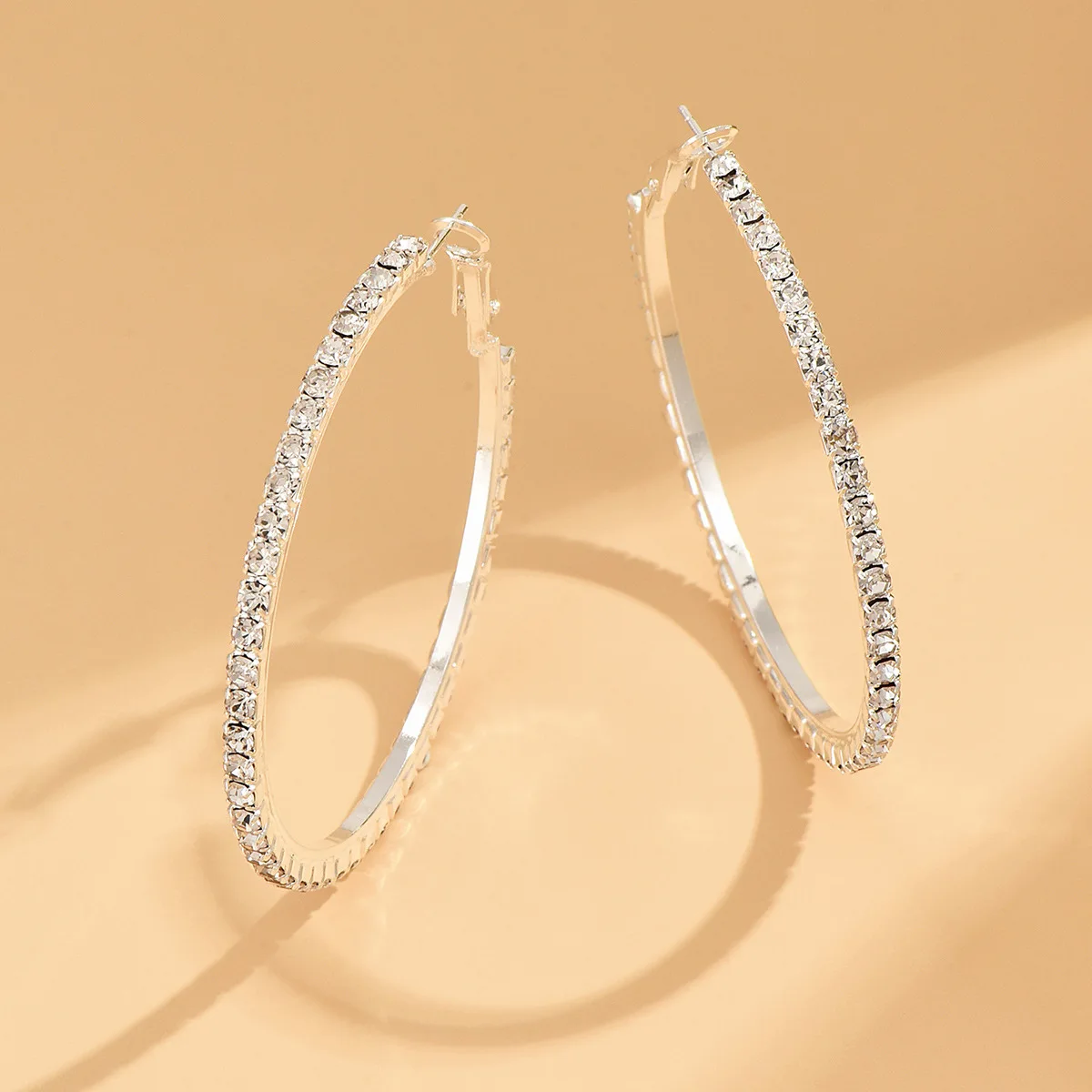 BLIJERY trendy rhinestones earring 40mm-60mm crystal circle earrings simple Silver plated big  hoop earrings for women girls