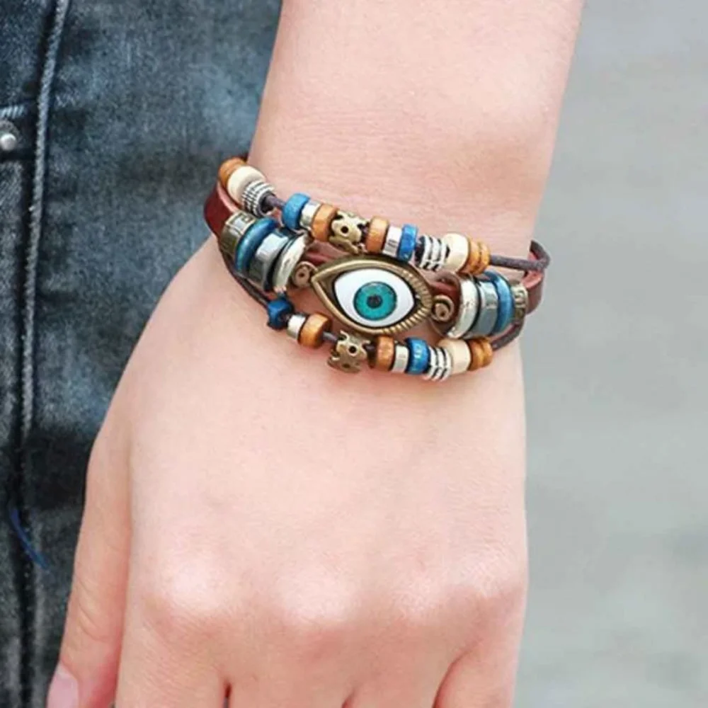 Evil Eye สร้อยข้อมือผู้ชายผู้หญิง Vintage หนังเชือก Cool ปรับสร้อยข้อมือ Charm ตุรกีเครื่องประดับฮาโลวีนคอสเพลย์