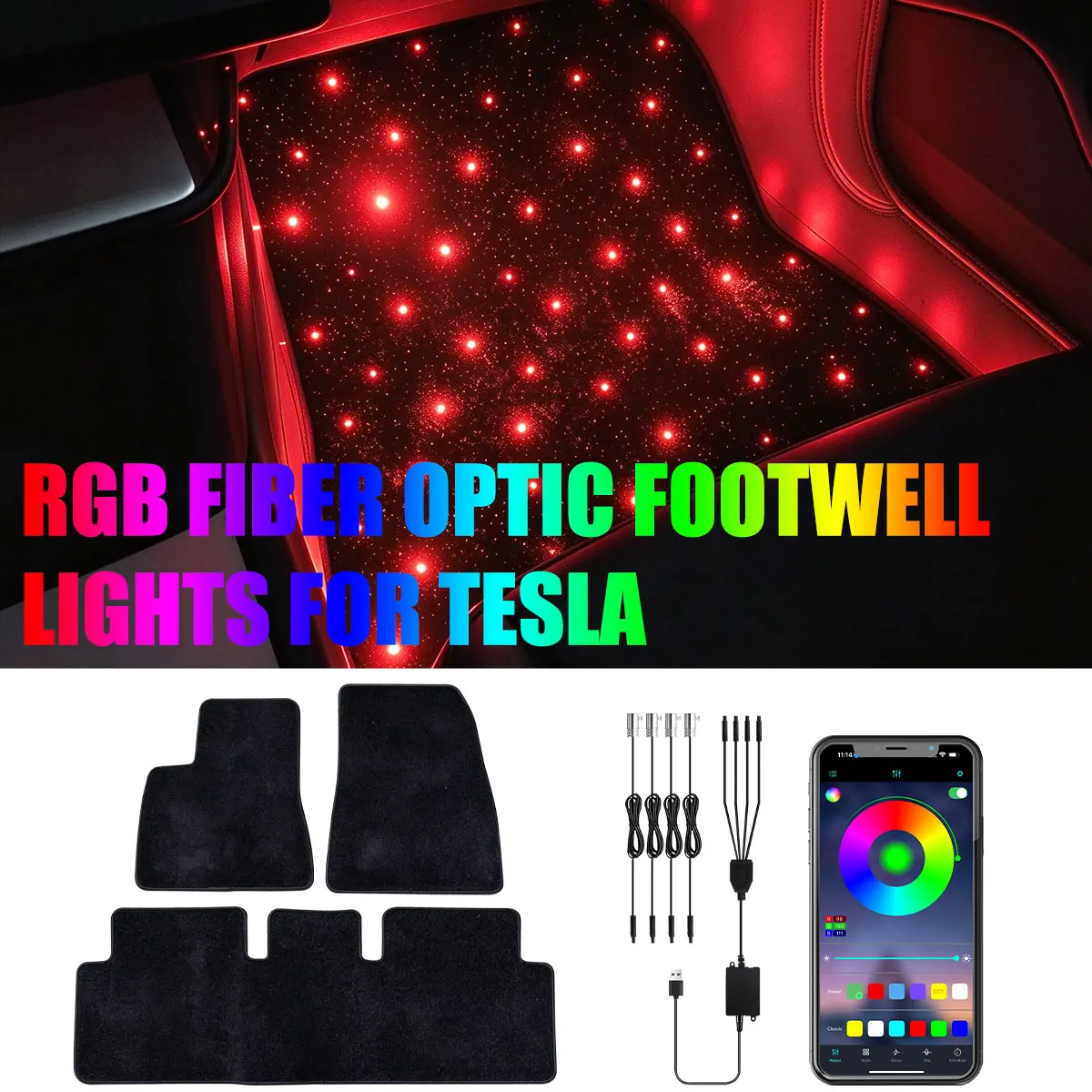 For Tesla Model 3 RGB Fiber Optic Twinkle Stars Car Mats WaterProof Star Light USB Car LED Rugs APP Decoration Atmosphere Light