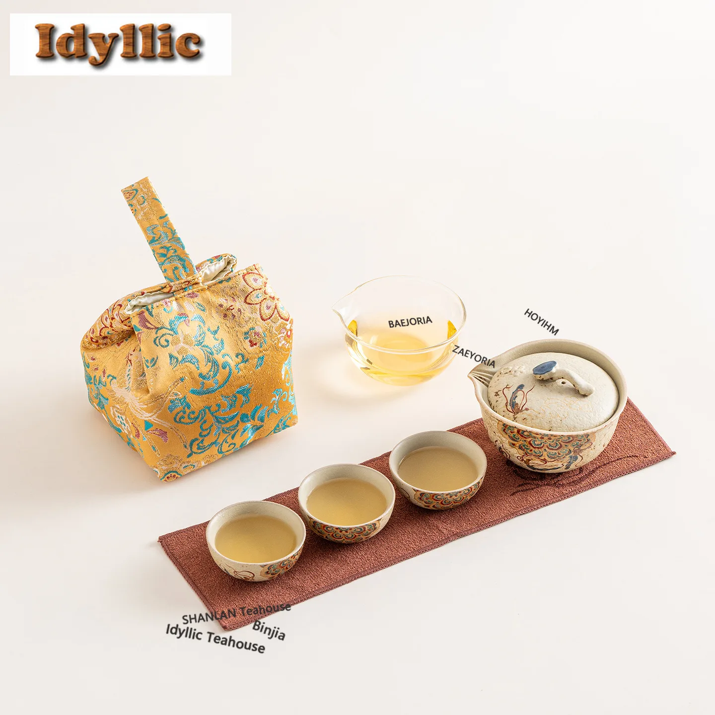HOYIHM Dunhuang Flying Apsaras Travel Tea Set Kit Elegant Set of Cups 1 Pot 3 Cups Tea Maker Organizer Portable Picnic Tote Bag