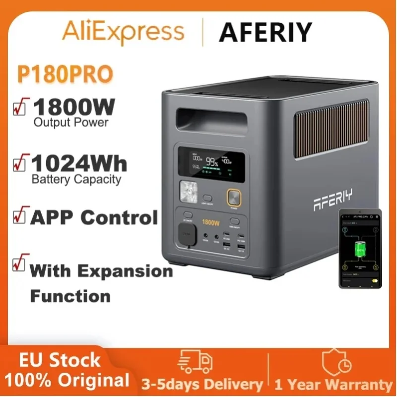 Przenośna stacja zasilania P180PRO z funkcją rozszerzenia, bateria LiFePO4 o pojemności 1024Wh, szybkie ładowanie 1800W, generator solarny AFERIY z kontrolą przez aplikację do użytku domowego, na — 2