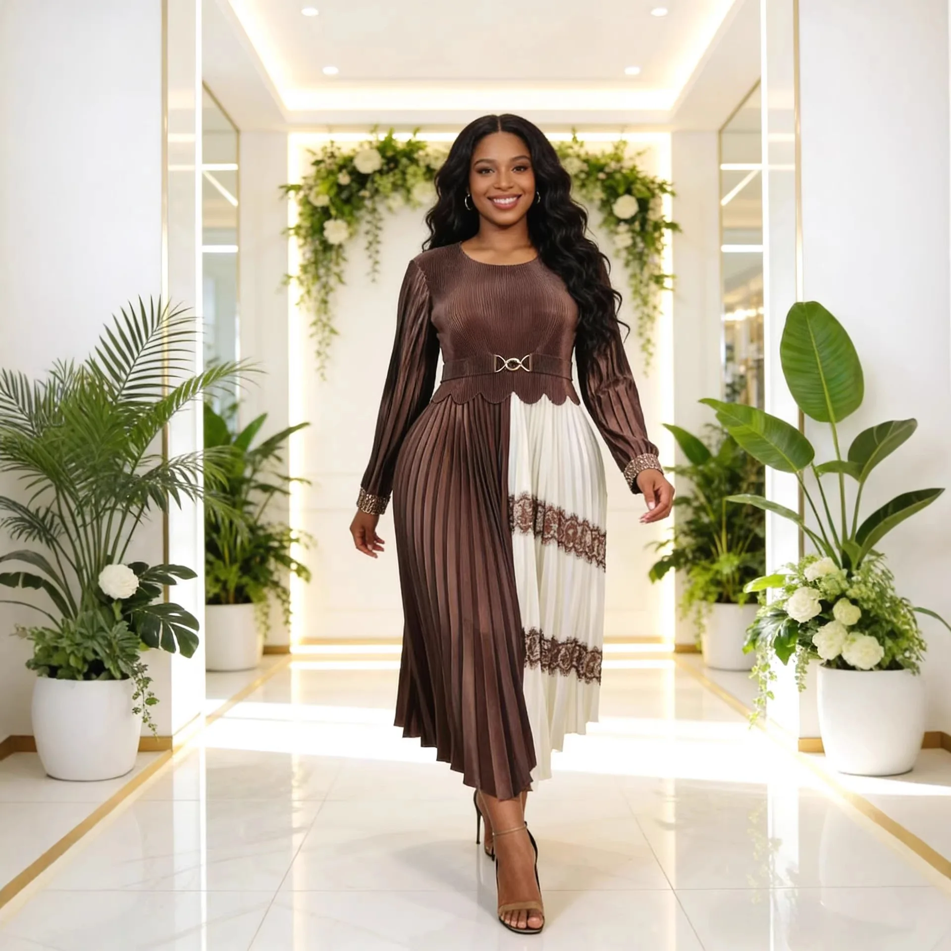 

Miyake Pleated Dress Women's 2026 Summer New Fashion Printed Round Neck Long-sleeved Fake Two-piece Loose Large Size Skirt