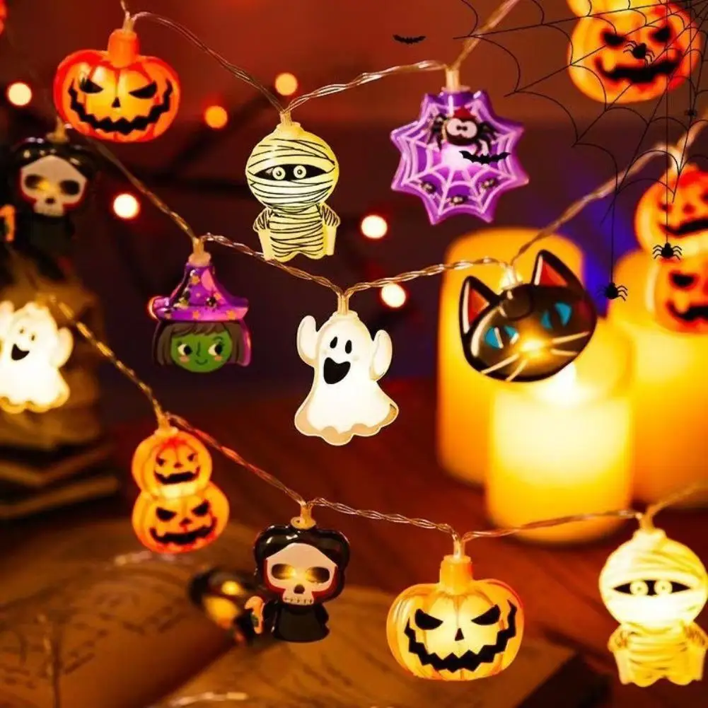 Indoor Halloween LED String Lights Battery Powered Decoration Lamp With Ghost Witch Cat Pumpkin Spider Web Skeleton Mummy Pirate