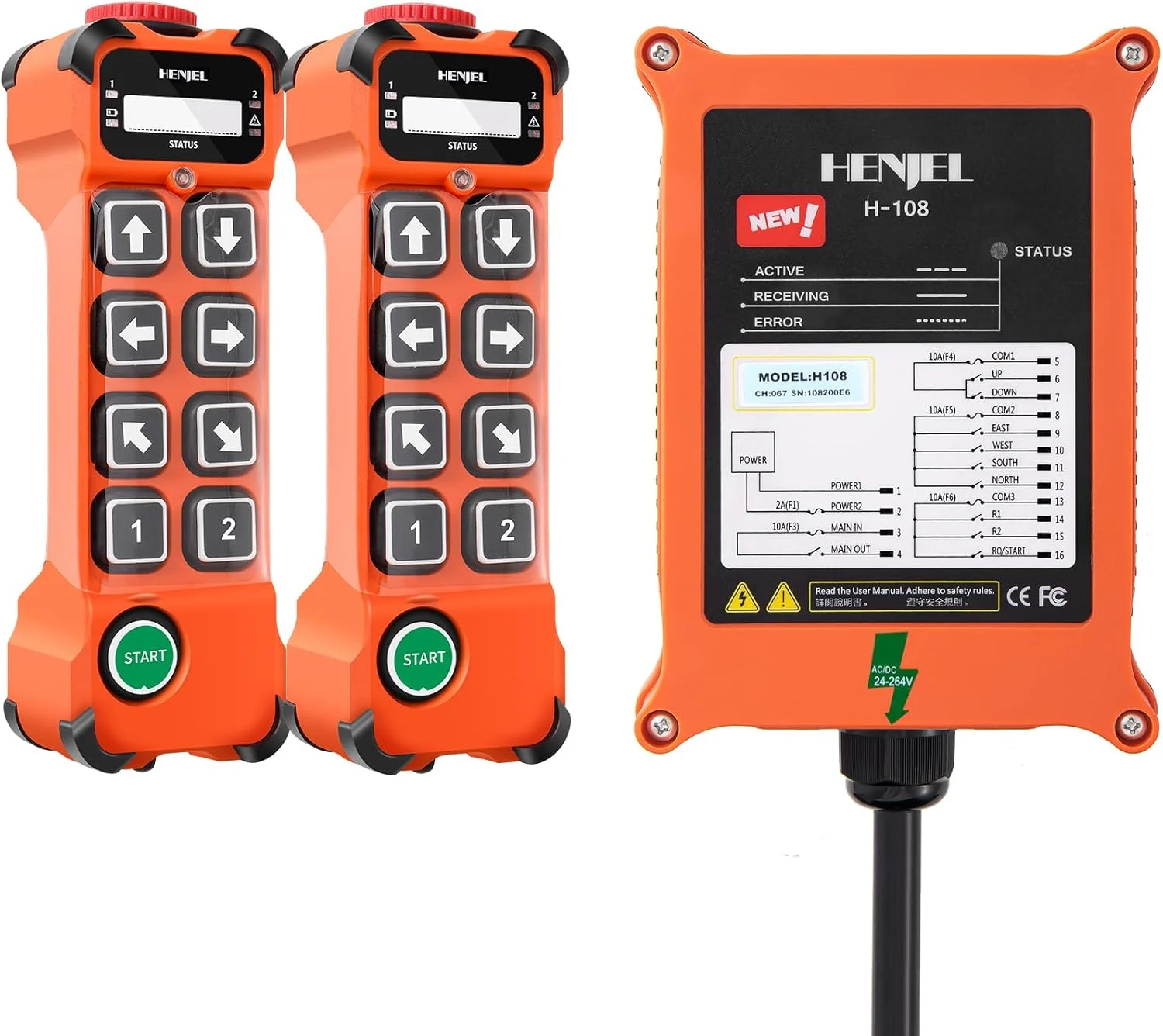 รีโมทคอนโทรลไร้สาย HENJEL H108 สำหรับเครนยกของ 8 ปุ่ม ควบคุมแบบขั้นตอนเดียว ใช้ไฟ DC 24V 48V 110V 220V AC กันน้ำ สำหรับงานอุตสาหกรรม