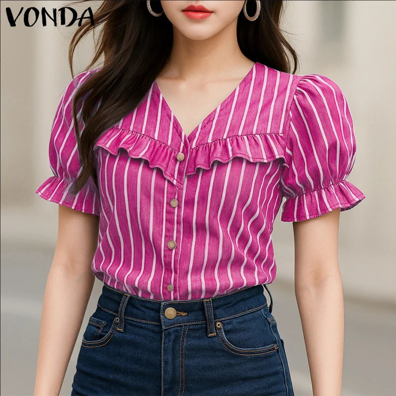 

VONDA Summer Shirts Women Short Sleeve Striped Blouses 2025 Fashion Casual Puff Sleeve Ruffled Print Tops V-Neck Elegant Blusas