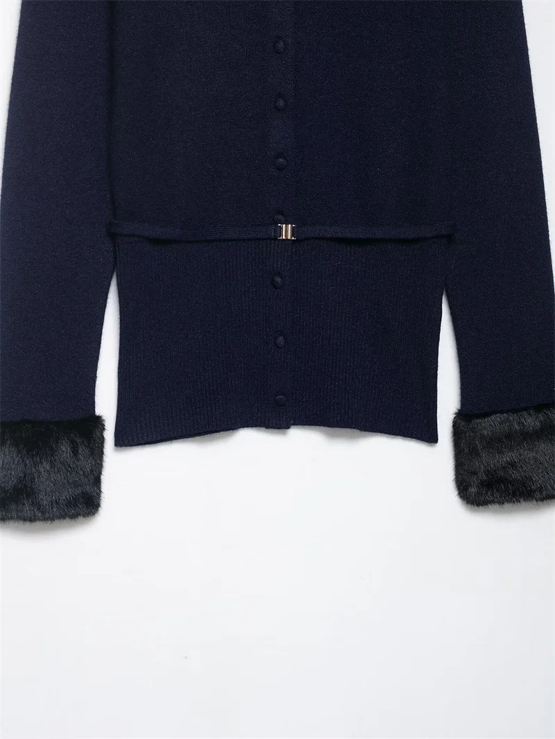 سترة نسائية 2025 الخريف نمط جديد الأزرق الداكن طويلة الأكمام فو الفراء تقليم الخصر مربوط سترة متماسكة قمة عصرية وأنيقة #4