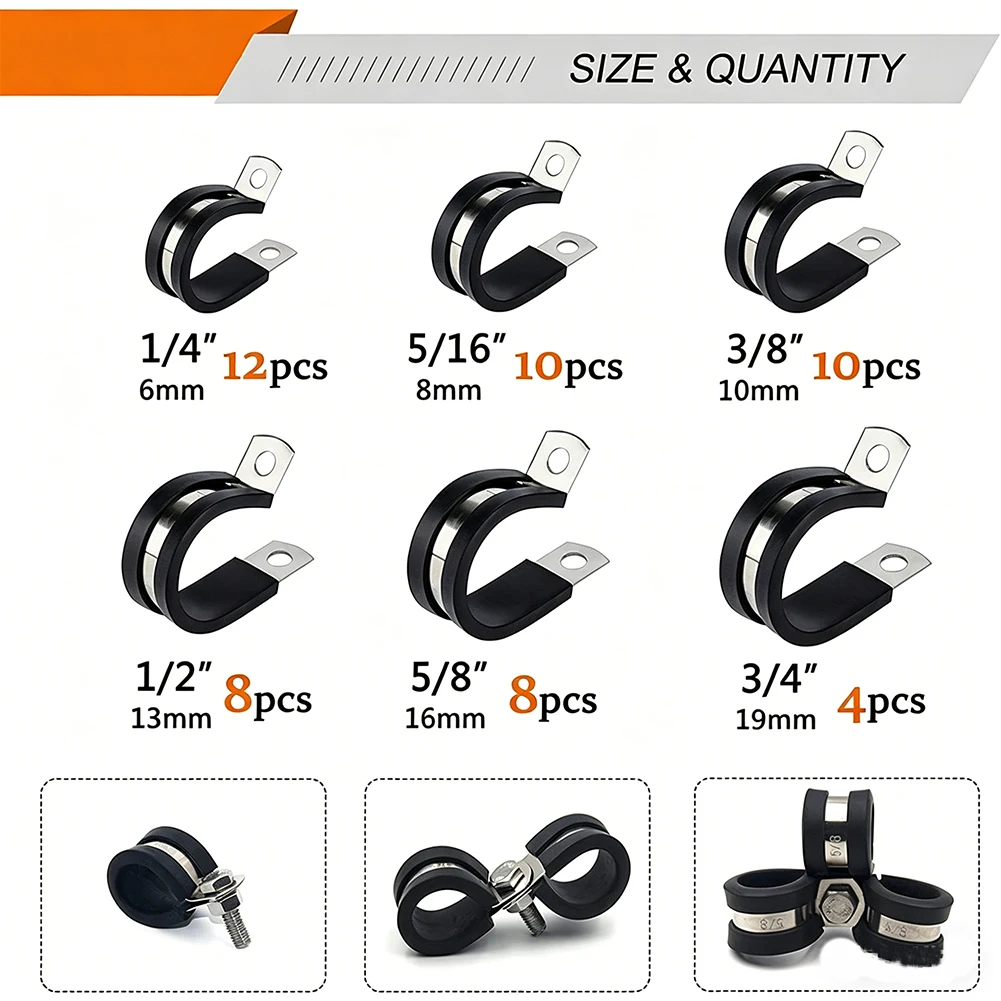 52 Piece Stainless Steel 304 R Clamps with Integrated Rubber Strip for Controlled Pressure Clamping Situations