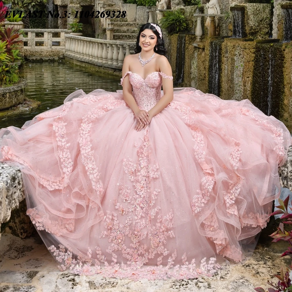 EVLAST Personalizado México Rosa Quinceanera Vestido de Baile Vestido de Renda Applique Frisado Espartilho Babados Doce 16 Vestido De 15 Anos E3Q259