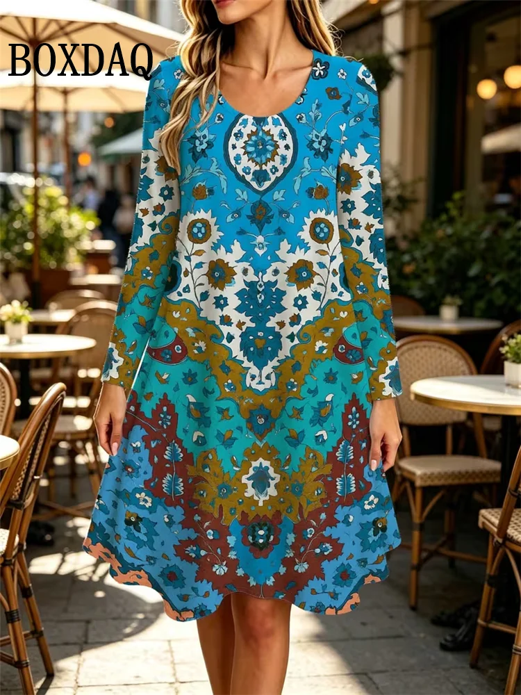 Women Autumn Long Sleeve Bohemian Dress Ethnic Style Vintage Patter Paisley 3D Print Vacation Dress Casual Plus Size Loose Dress