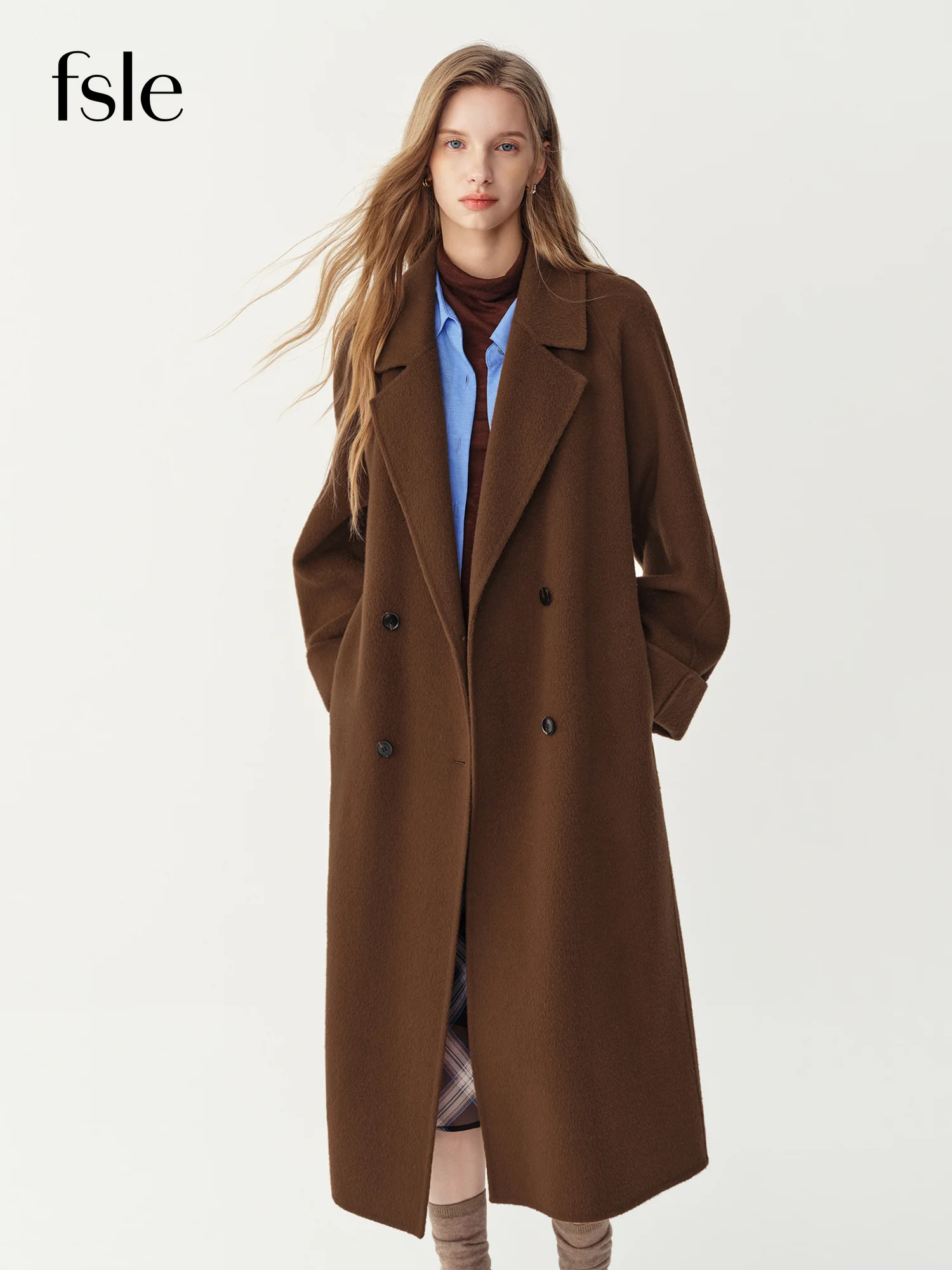 FSLE Winter Women Notched Lapel Double-Faced Wool Blend Long Overcoat Elegant Office Lady Commute Single Breasted Thick Coat