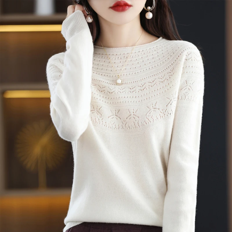 2022 Autumn/Winter New Seamless One-Line Ready-To Wear Women\'s Pullover 100% WooL Round S Neck UpperBody Hollow Sweater Soft Top