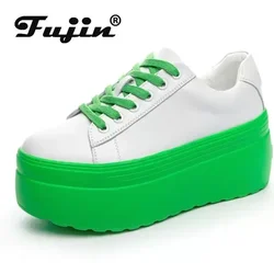 Fujin 8cm Super High Platform Wedge Sneakers Genuine Leather Shoes Women Autumn Autumn Green White Shoes Summer Sneakers