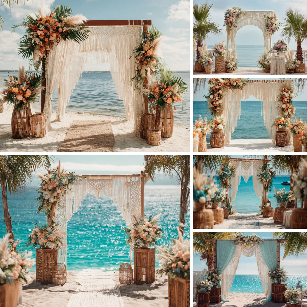 

Summer Seaside Wedding Photography Backdrop Wood Stand Curtain Flowers Beach Party Bride Portrait Photo Background Photo Studio