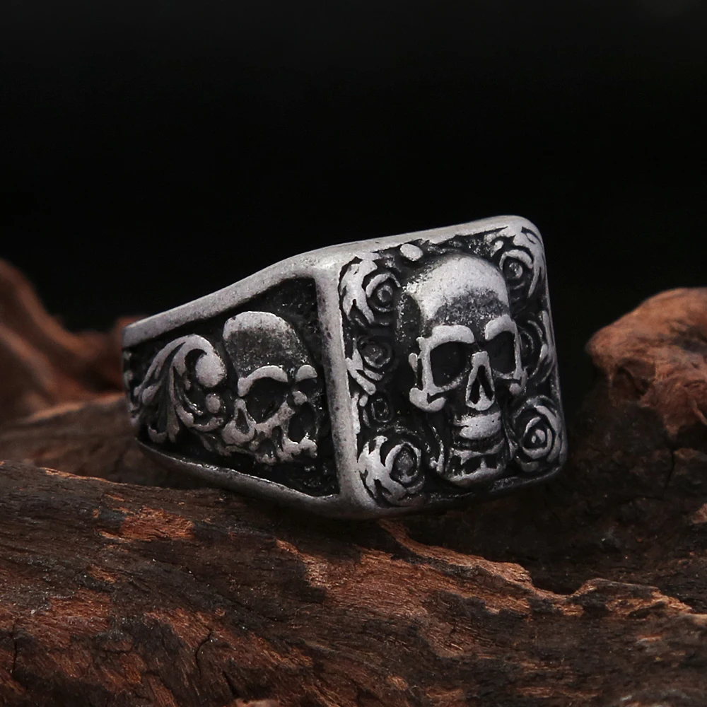 Punk Rock Vintage Skull Men Rings Gothic Biker 316L Stainless Steel Skeleton Ring Hip Hop Cool Motorcycle Jewelry Halloween Gift