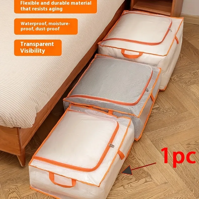 1/4PCSClear Foldable Storage Bag Durable Zipper Flap Closure For Clothes Bedding Blankets Pillows Under Bed Dorm Wardrobe Closet