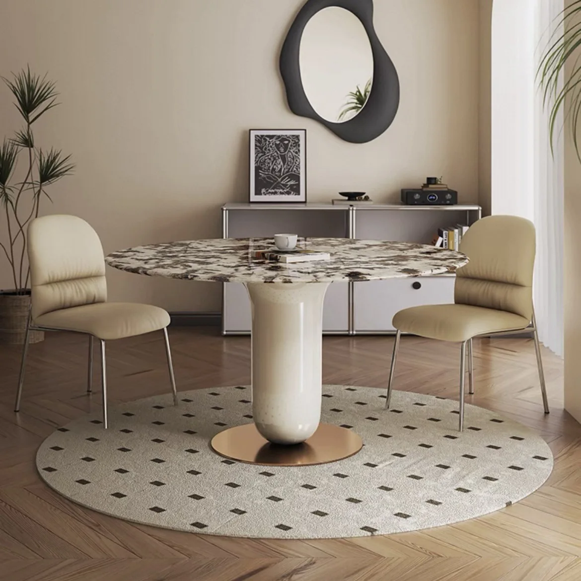 

French light luxury cream style painted marble dining table round modern simple small apartment