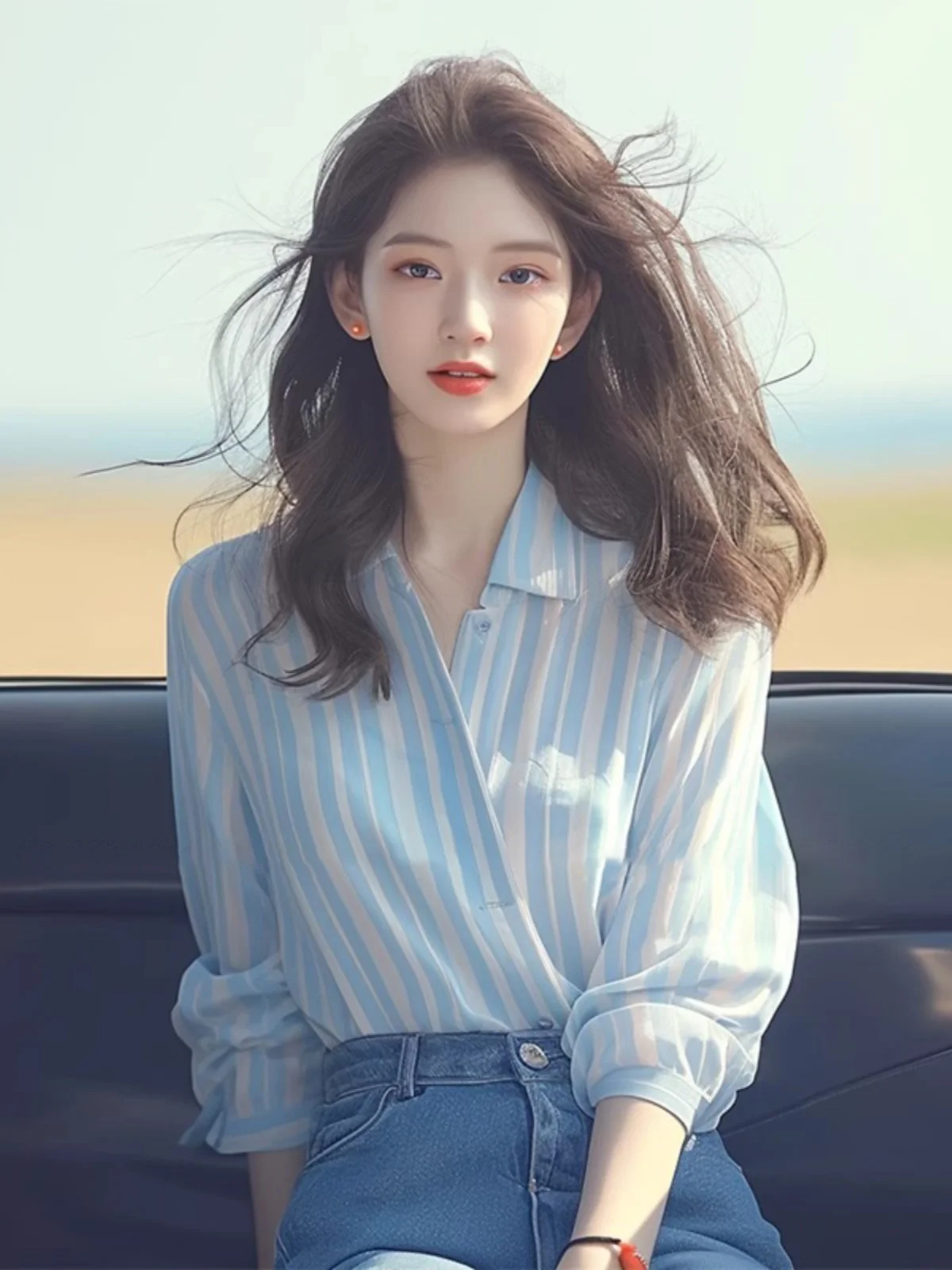 

Blue Striped Sweet irt Women's Summer Faion Casual Unique Design Lightweight irt Ele Sle Long Sve Collar