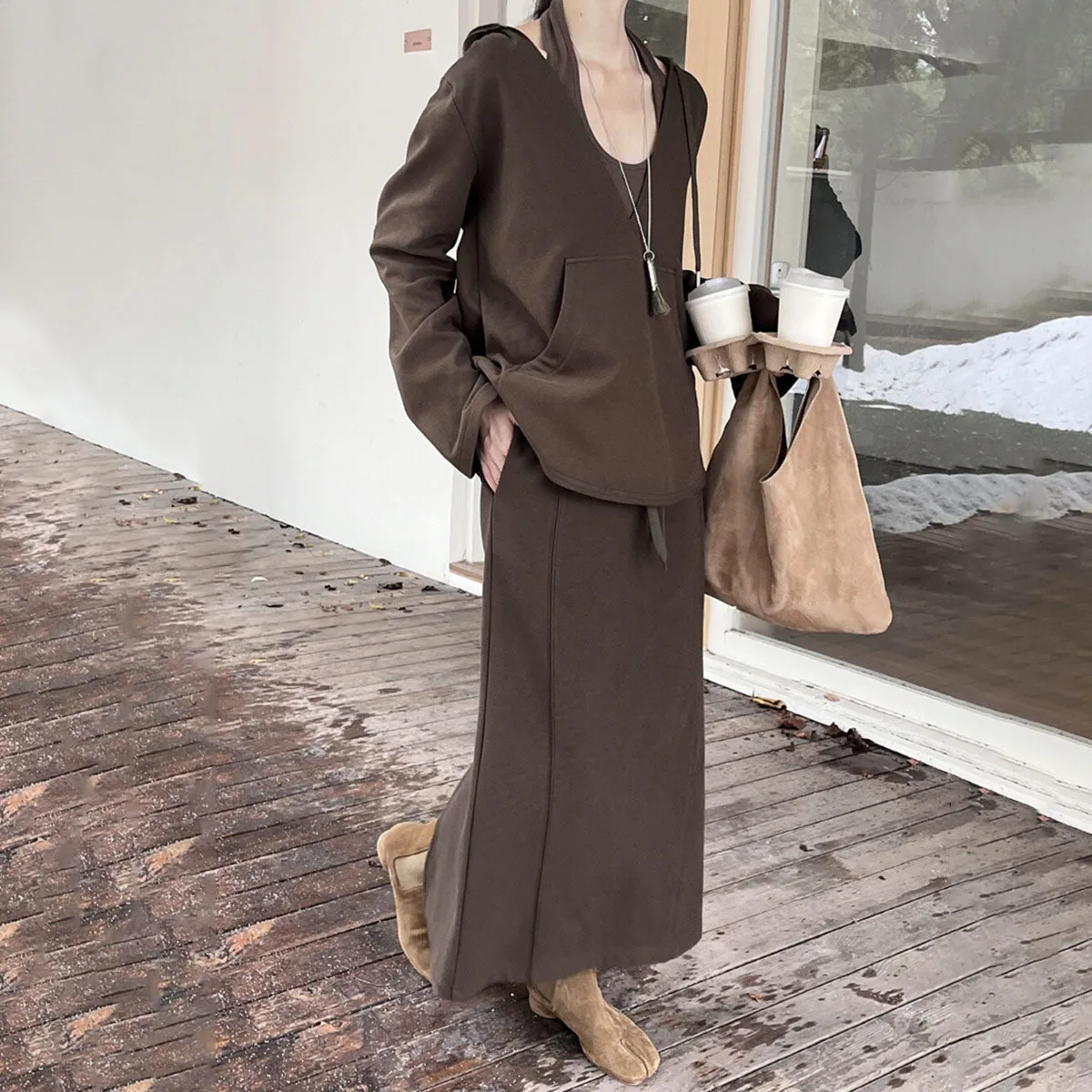 KWTX 2025 신상 가을 겨울 3피스 세트 드레스 세트 홀터 베스트 후드 재킷 드로스트링 스커트 캐주얼 빈티지 두꺼운 디자이너