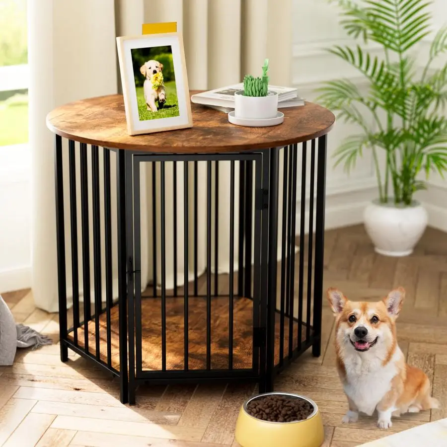 Crate Furniture, Hexagonal Wooden Pet House Dog Crate Side End Table, Modern Decorative Dog Kennel Indoor, for Small and Medium