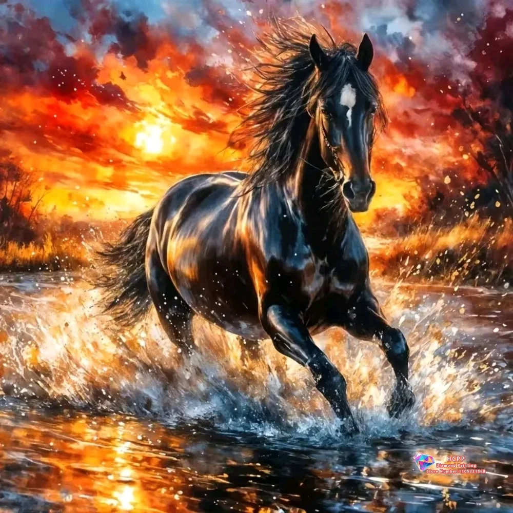 

Black Horse Running Through Water at Fiery Sunset 5D DIY Diamond Painting Set with Square and Round Diamonds Crafts Decor Gifts