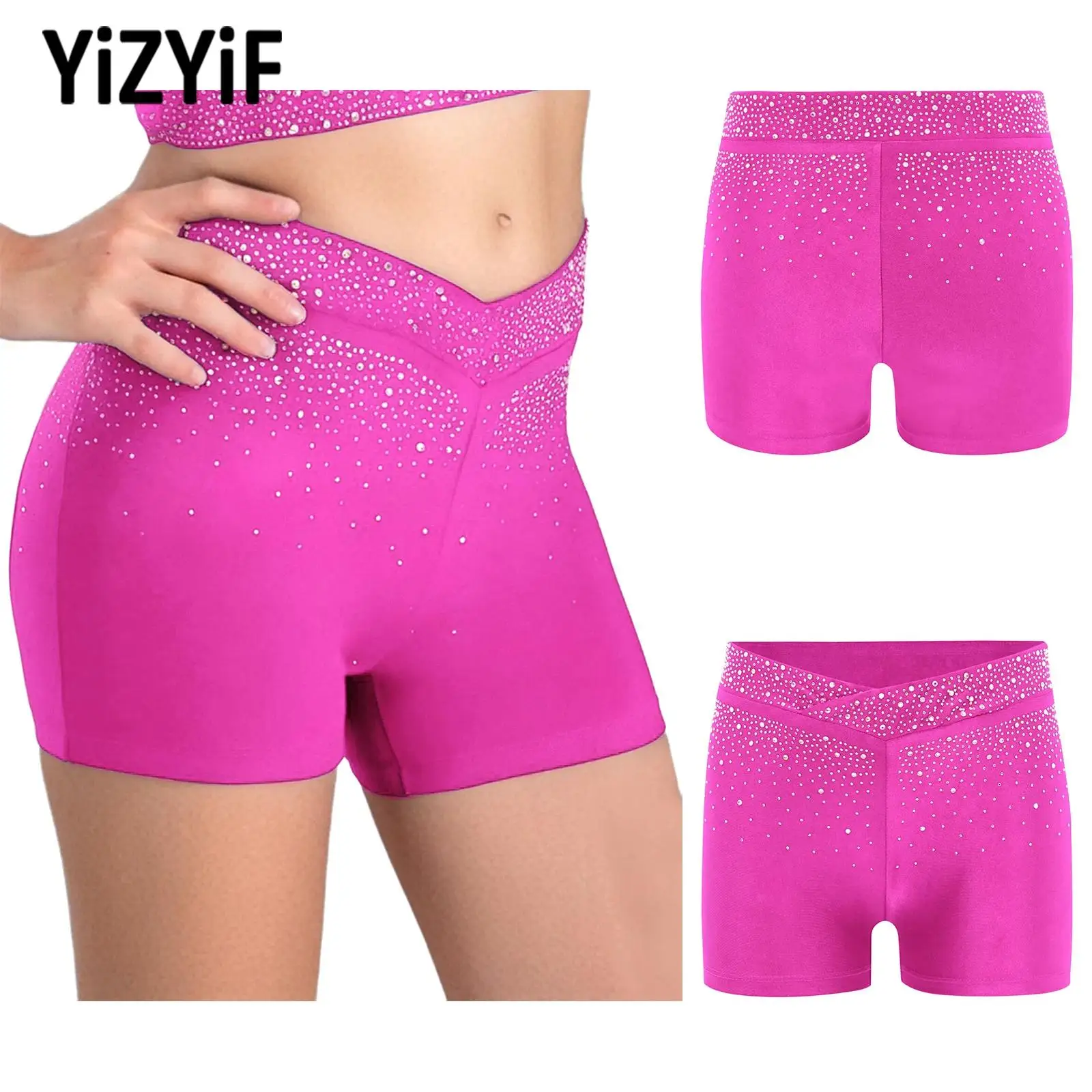 Girl's Glitter Rhinestones Ballet Gymnastics Shorts V-Front Elastic Waistband Shorts for Figure Skating Acrobatics Performance