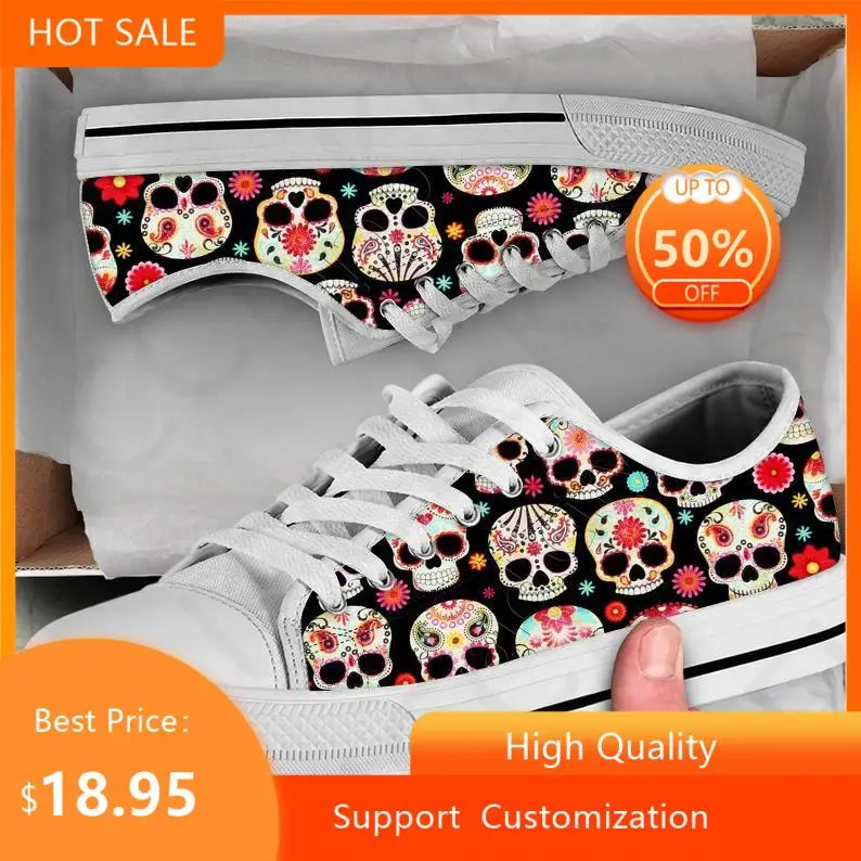 Hot Casual Shoes Mexican Sugar Skull Print Leisure Breathable Vulcanized Shoes Ladies Classic Mens Womens Low Top Sneakers