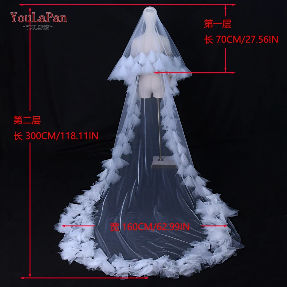 Youlapan Velo De Novia Flores 더블 대성당 신부 베일 블러시, 프랑스 로맨틱 웨딩 액세서리, V208