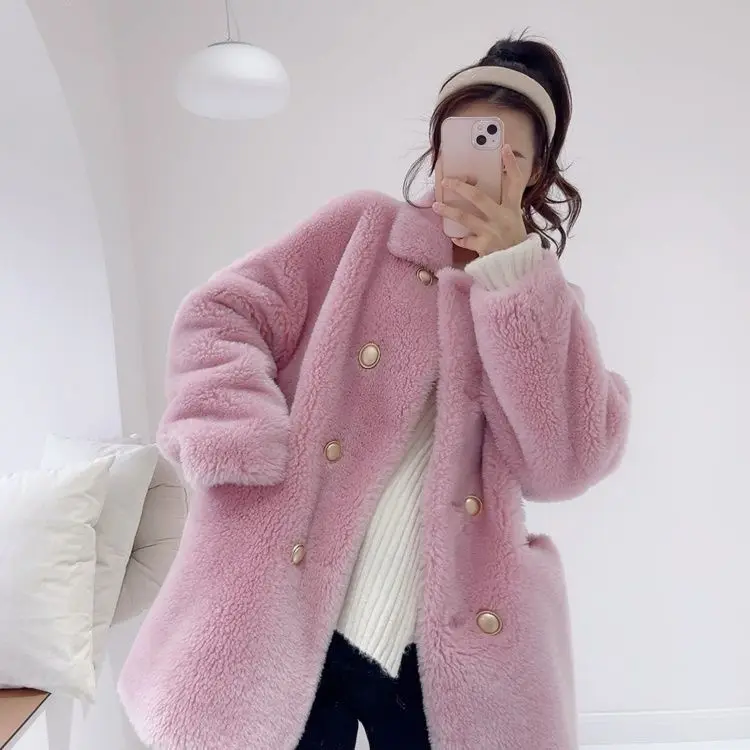 2023 Winter New Women Imitation Fur Coat Mid length version double-breasted outwear loose warm parkas fashion casual outcoat