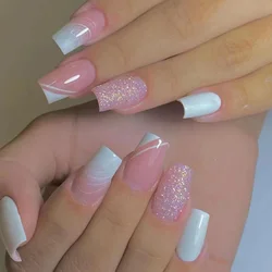 24Pcs Simple Pink Medium Length Ballet Fake Nails White Gradient Press on Nails Finished Full Coverage Wearing False Nail Tips