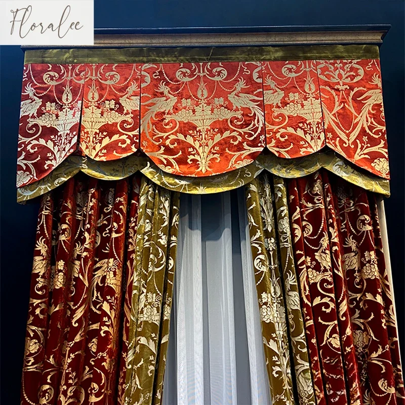 European Luxury Red Velvet Bronzing Curtains for Living Room Bedroom High-end Customized Curtains Embroidered Yarn Villa Decor