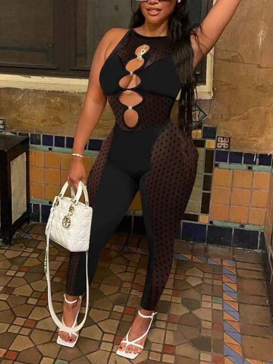 LW Women Sexy One Piece Mesh Splicing See Through Sleeveless Hollow Out Jumpsuit Lace Cutout Long Trendy Bodysuits