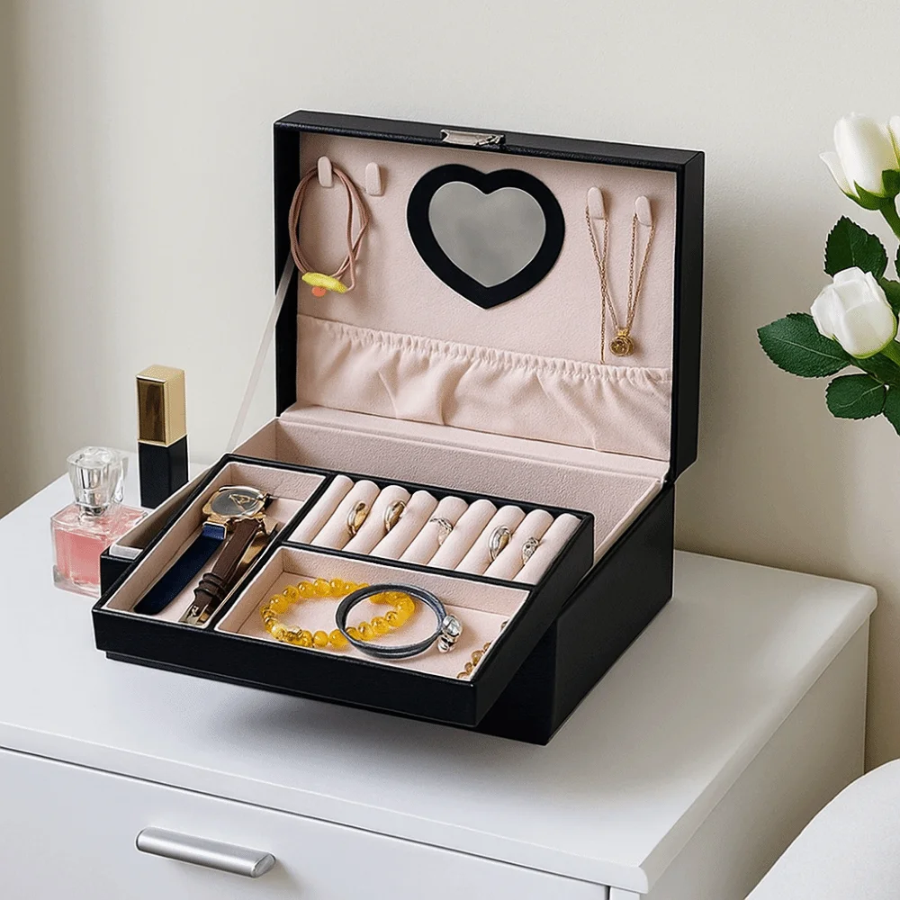 Multifunctional PU Double Layer Jewelry Box Dustproof Large Capacity Jewelry Storage Box Lockable Jewelry Display Case for Home