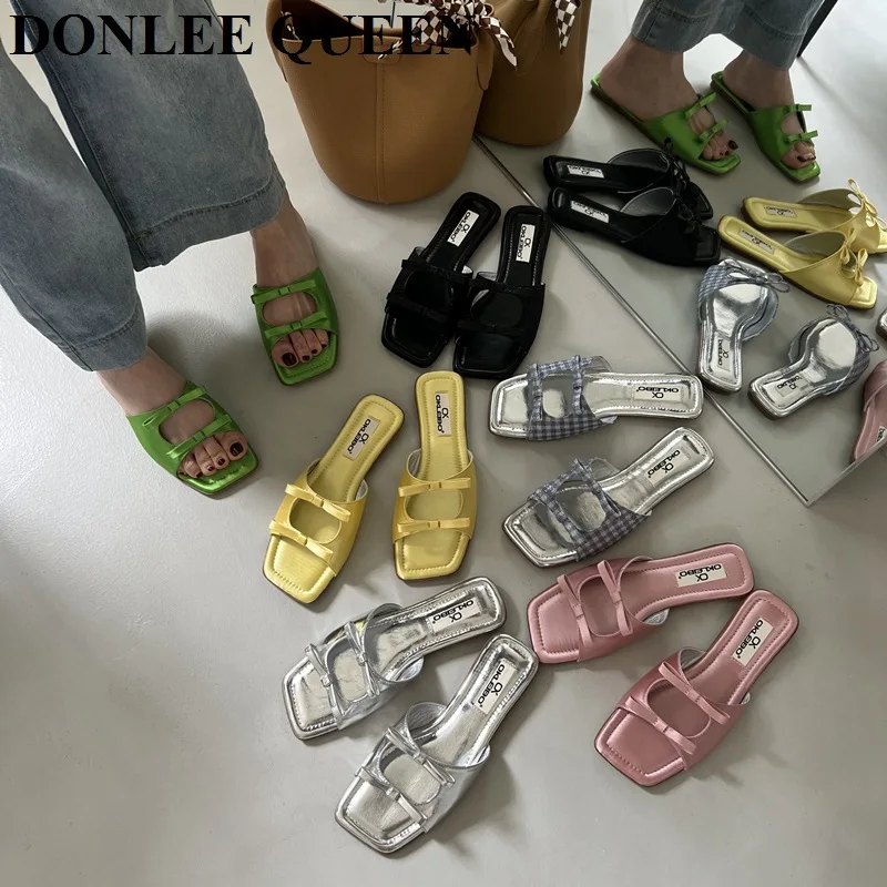 Flats Slippers Women Beach Sandals Summer Shoes 2022 New Fashion Bow Knot Slides Bohemian Soft Dress Flip Flops Zapatillas Mujer