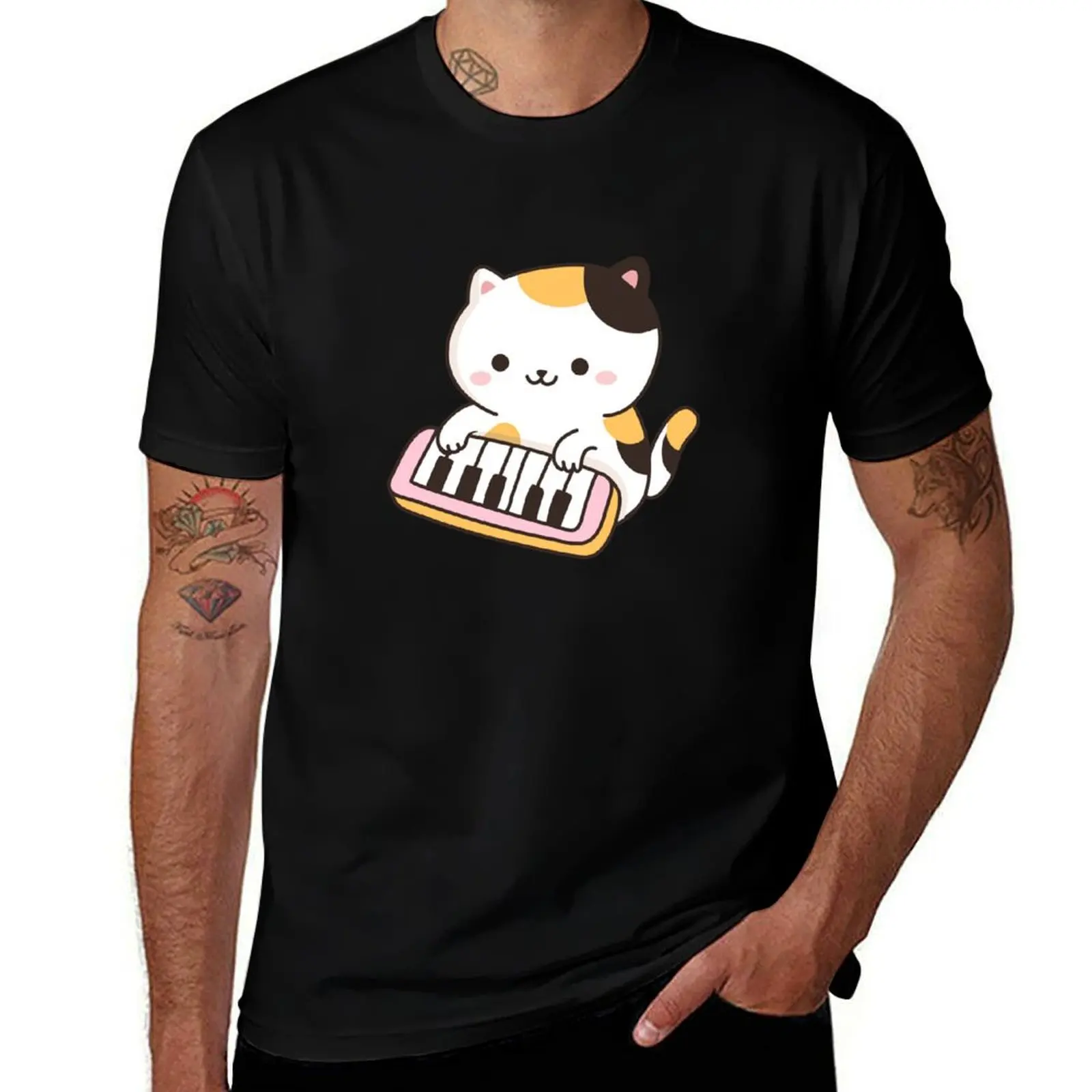 

Cute Cat Playing Piano T-Shirt anime stuff kawaii clothes mens t shirts top quality