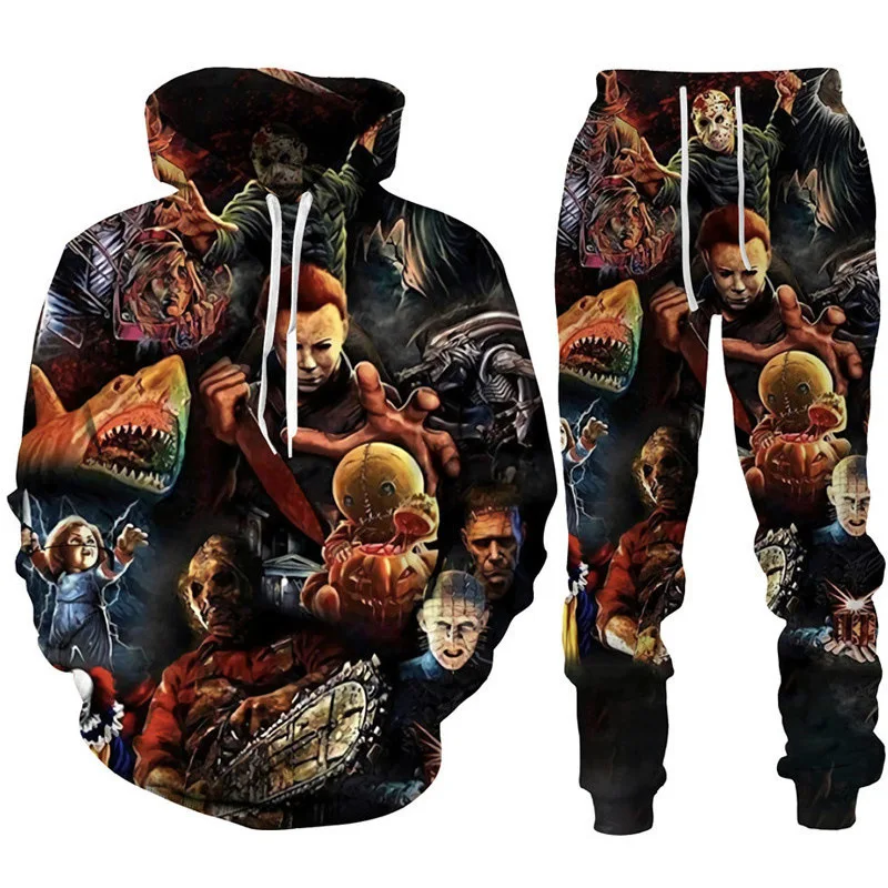 Conjunto de moletom com capuz e moletom masculino de horror filme 3D, agasalho casual, moletons, roupas de outono, terno horror, 2 peças