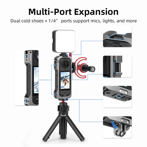 Imagen 2 del producto Flymile-funda protectora de jaula de Metal para accesorios Insta360 X5, adaptador de marco de expansión de aleación de aluminio con protector de lente