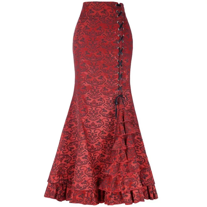 

Luxury Print Trumpet Skirt For Women Summer Punk Vintage Women's High Waist Wrap Hip Mermaid Skirt Female Lace Up Long Skirt