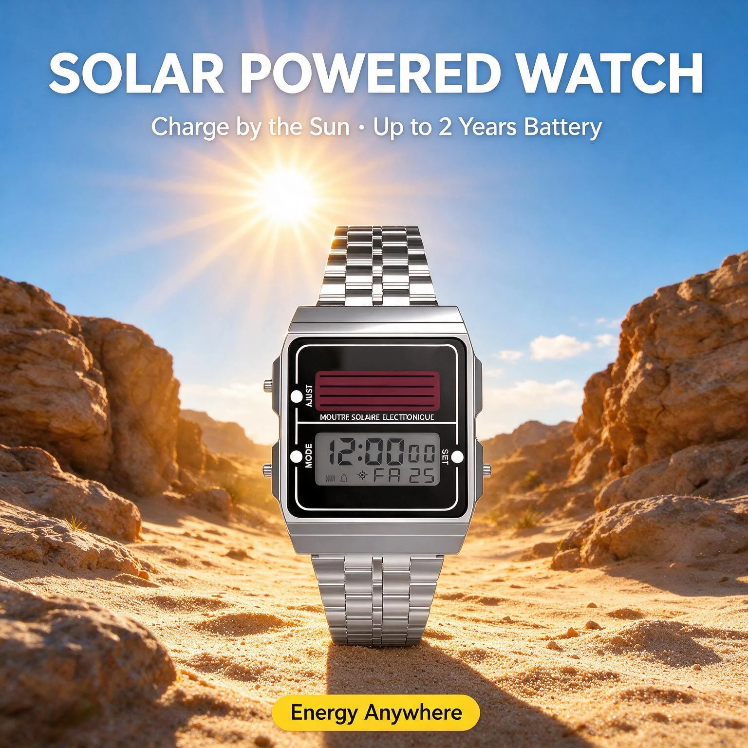 Retro Square Solar Digital Watch Men Stainless Steel 30M Waterproof Alarm Date Wristwatch