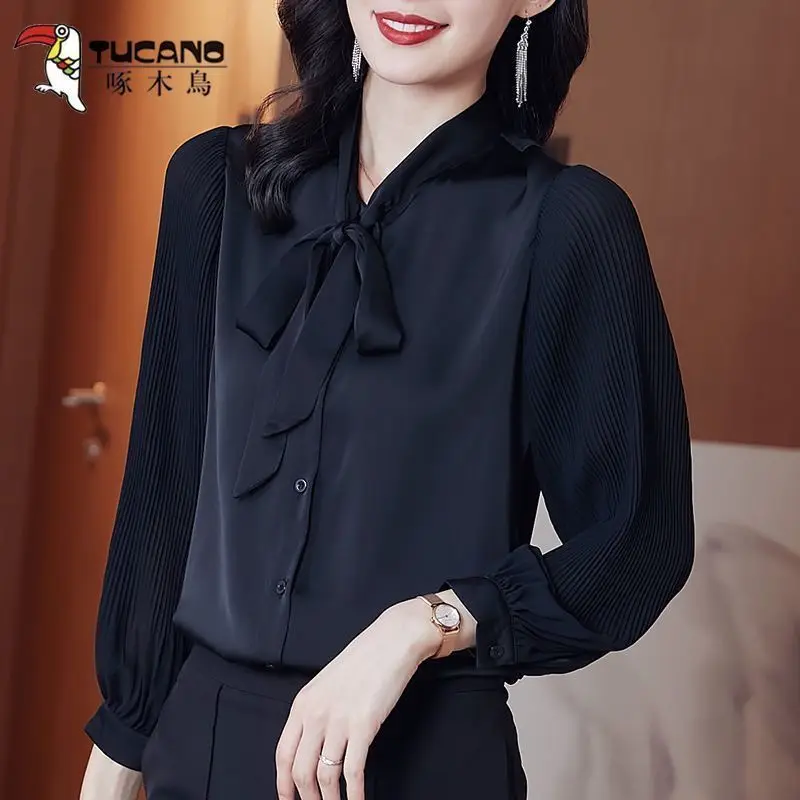 Chiffon-Hemd für Damen, langärmelig, Frühling und Herbst, neues High-End-Profi-Schleifen-Streamer-Top