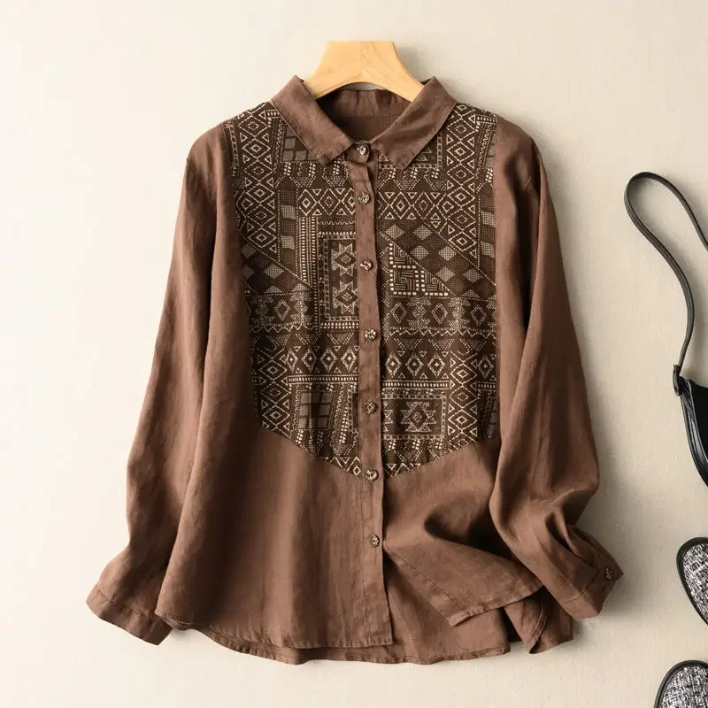 

Daily Geometric Pattern Printing Thin Cotton Linen Polo Neck Patchwork Tribal Ethnic Style Women Shirt Single Breasted ZT334