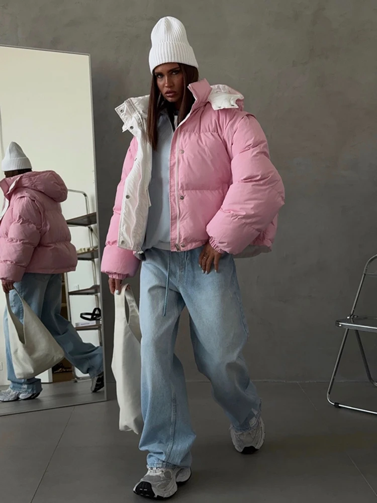 Damen 3-in-1 Pufferjacke, beidseitig tragbar, abnehmbare Ärmel, Oversize-Passform, Kapuzenmantel, lässige Winter-Oberbekleidung für Damen – Detail 3