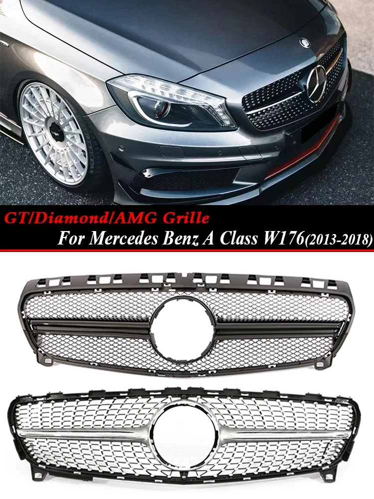 Front Bumper Diamond Silver Grille A45 GT AMG Style Grill For Mercedes Benz A Class W176 A35 A180 A200 A250 A260 2013-2018