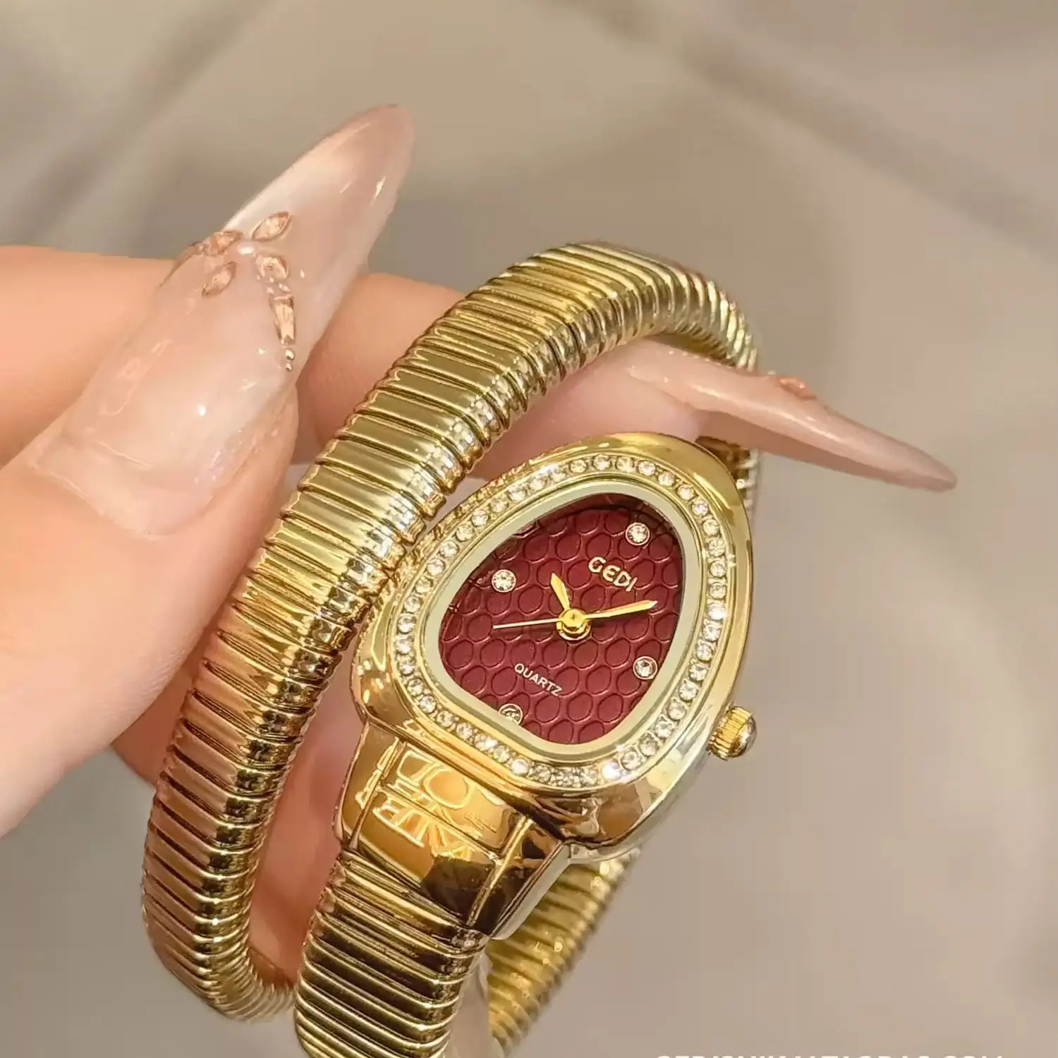 Snake Wrap Ladies Quartz Watch, Oval Rhinestone Bezel Red Dial Metal Snake Chain Wristwatch