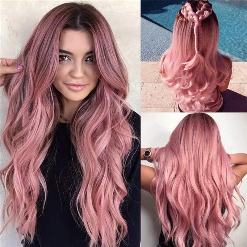 

New European and American Style for Women, Purple Curly , Pink Big Wave Long , Middle Part Synthetic Hair Wig