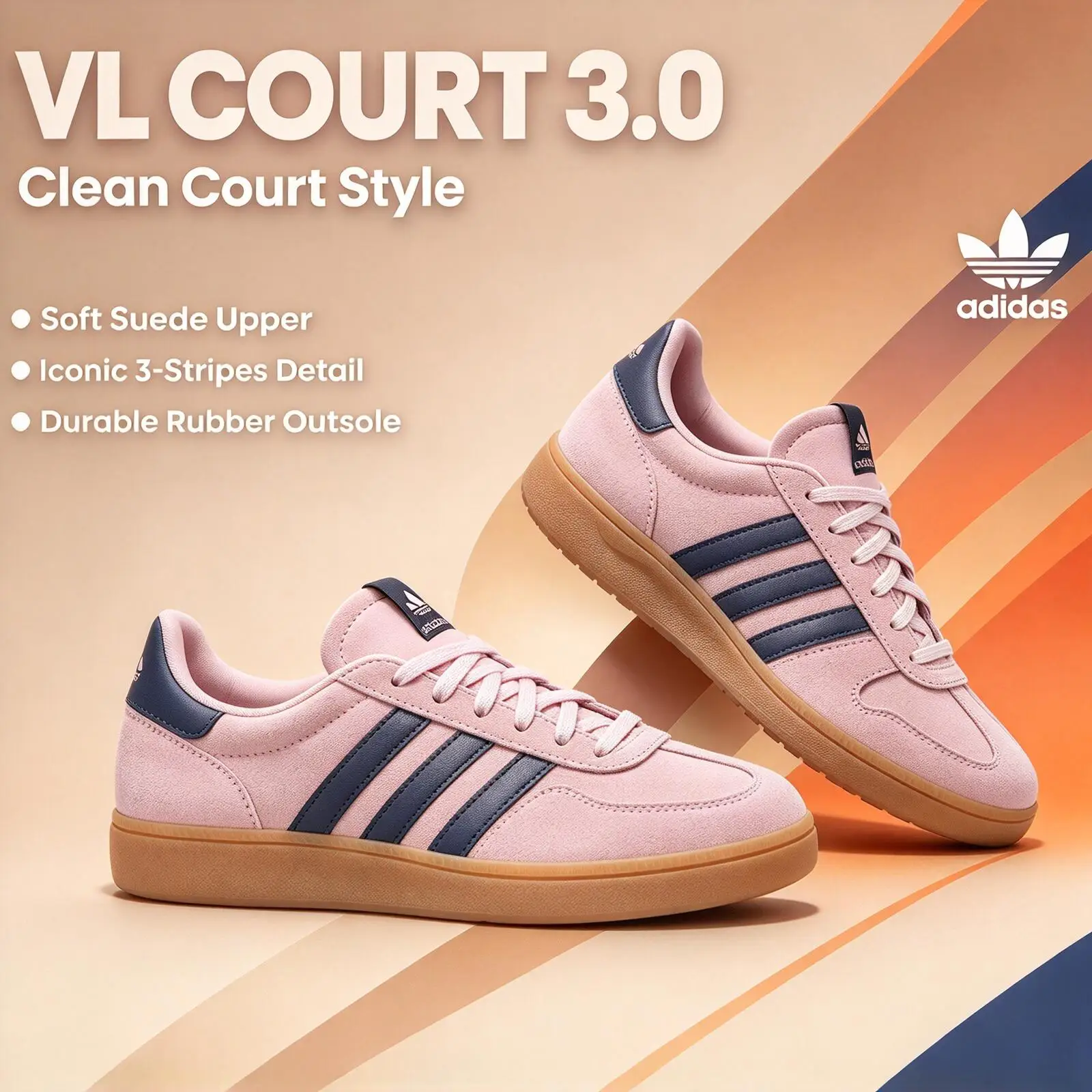 Adidas VL COURT 3.0 JP7629 Retro Ladies Daily Trainers Light Pink Navy Color Matching Classic Street Walking Sneakers