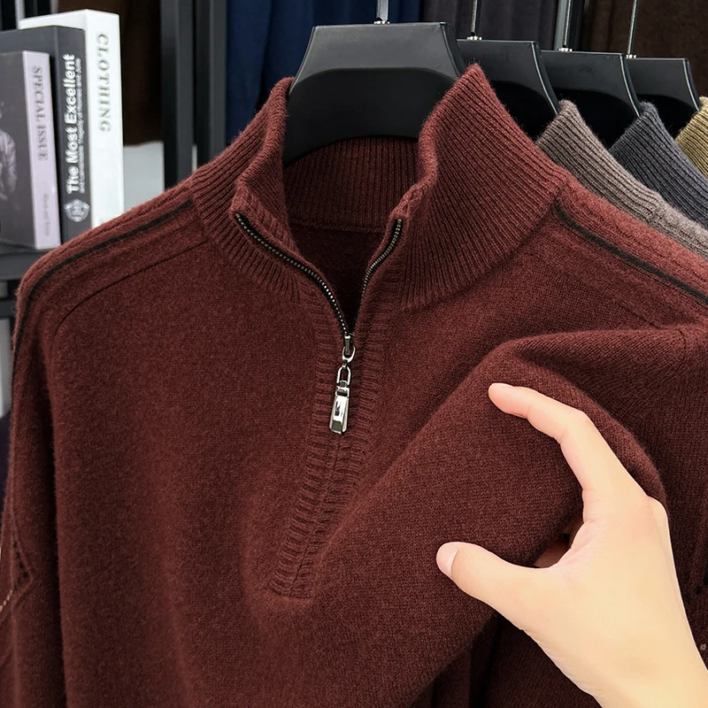 เสื้อผ้าถักไหมแคชเมียร์แพะสำหรับผู้ชาย แฟชั่นฤดูใบไม้ร่วงฤดูหนาว 2025 เสื้อสเวตเตอร์ซิปผู้ชาย เสื้อถักขนแกะ แขนยาว อุ่น