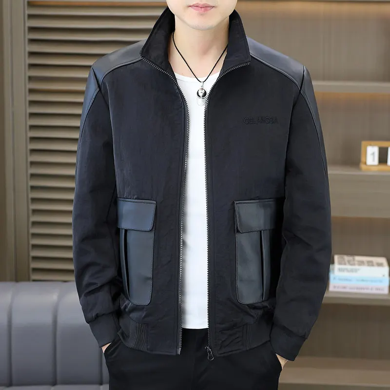 

Весенне-осенняя новая модная повседневная кожаная куртка с воротником-стойкой, мужская рабочая одежда, верхняя одежда из дышащего полиэстера, нейлона, Cos...