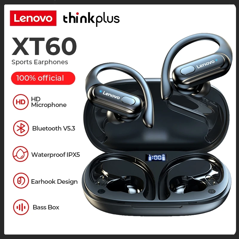 Lenovo XT60 TWS Bluetooth 5.3 Earphones with Mic Wireless Headphones Button Control Noise Reduction Sport Waterproof Headsets